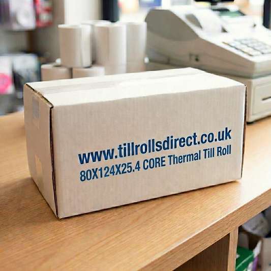 80 x 124 x 25.4 Core Thermal Rolls 80 gsm reversed wound Boxed 10s