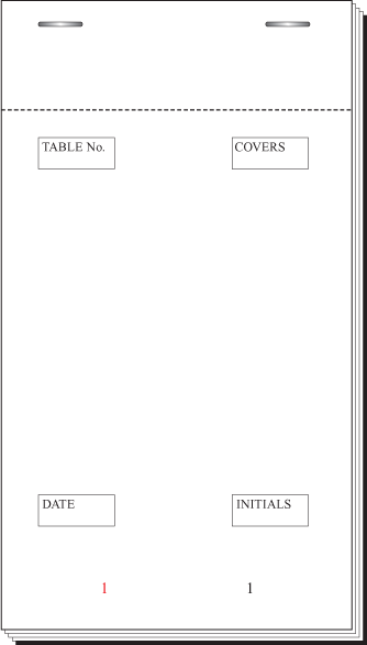 PAD30D White Two Part End Fold, 50 Leaves In Duplicate, Carbon Sheet Fitted, 3 3/4''x 6 1/2'' (5 1/2'' Tearout) Numbered Twice 1-50 In Red (Waitress Numbered 1-4)