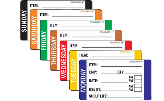 Removrite Colour Coded Day Labels 49mm x 82mm Full Week Pack Monday To Sunday 7 Rolls Total, Each Containing 500 Labels